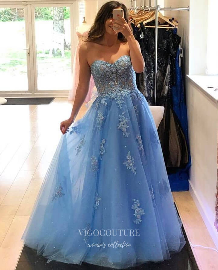 Light Blue Lace Applique Prom Dresses Strapless Evening Gown 21995-Prom Dresses-vigocouture-Light Blue-US2-vigocouture