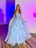vigocouture-Light Blue Lace Applique Prom Dresses Tiered V-Neck Formal Dresses 21535-Prom Dresses-vigocouture-