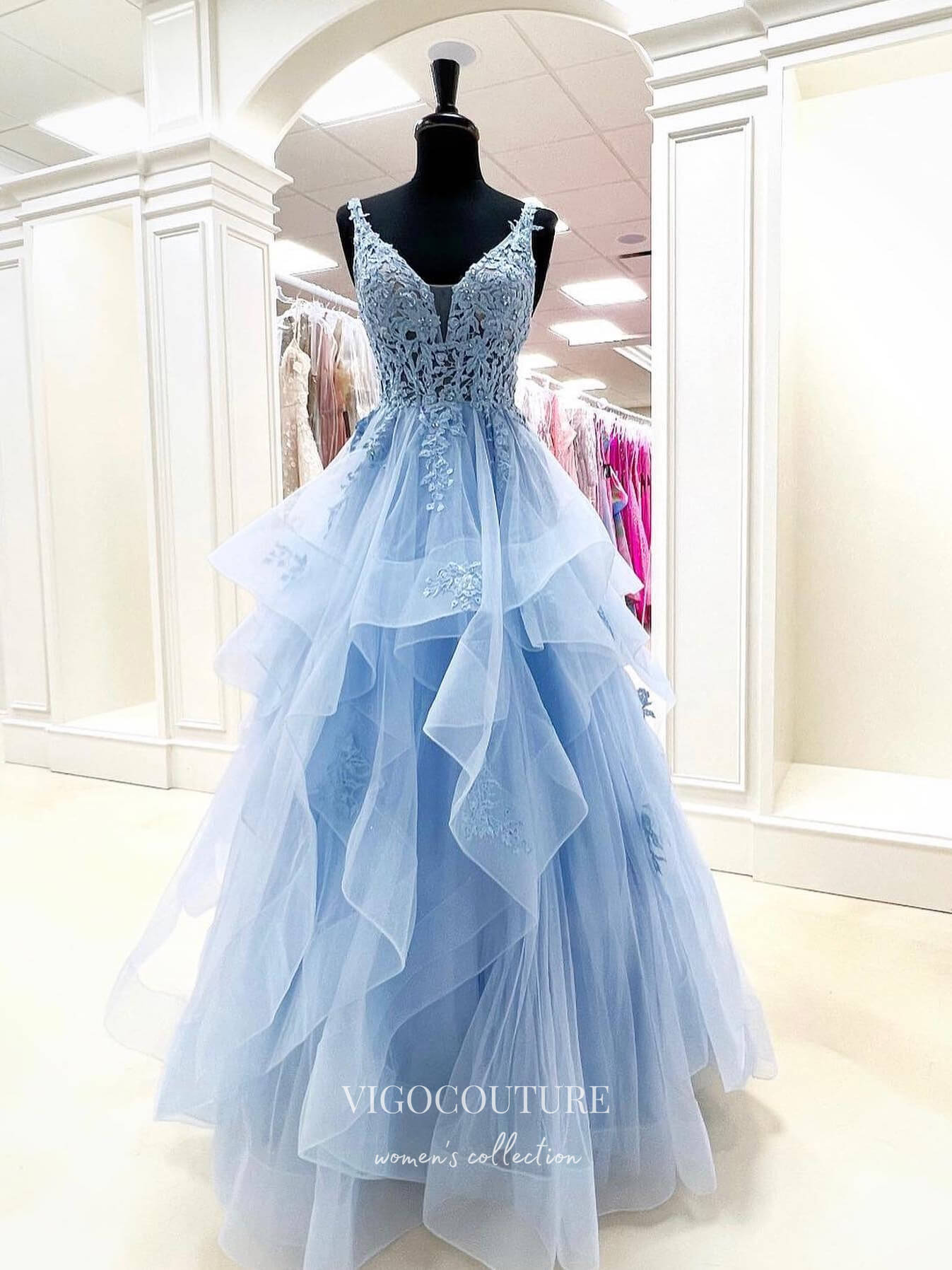 vigocouture-Light Blue Lace Applique Prom Dresses Tiered V-Neck Formal Dresses 21535-Prom Dresses-vigocouture-