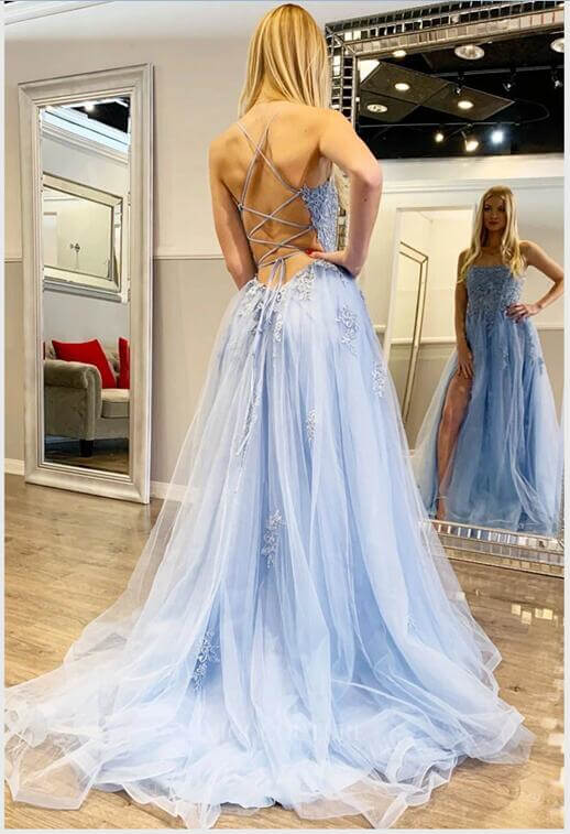 vigocouture-Light Blue Lace Applique Spaghetti Strap Prom Dress 20921-Prom Dresses-vigocouture-