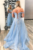 Light Blue Lace Applique Prom Dresses with Slit Spaghetti Strap Formal Gown 22014-Prom Dresses-vigocouture-Light Blue-Custom Size-vigocouture