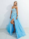 vigocouture-Light Blue Lace Applique Prom Dresses With Slit Strapless Evening Dress 21753-Prom Dresses-vigocouture-