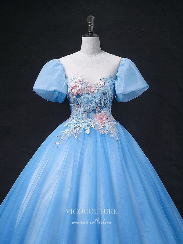 vigocouture-Light Blue Lace Applique Quinceanera Dresses Puffed Sleeve Sweet 15 Dresses 21359-Prom Dresses-vigocouture-
