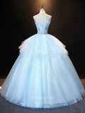 vigocouture-Light Blue Lace Applique Quinceanera Dresses Spaghetti Strap Sweet 16 Dresses 21403-Prom Dresses-vigocouture-