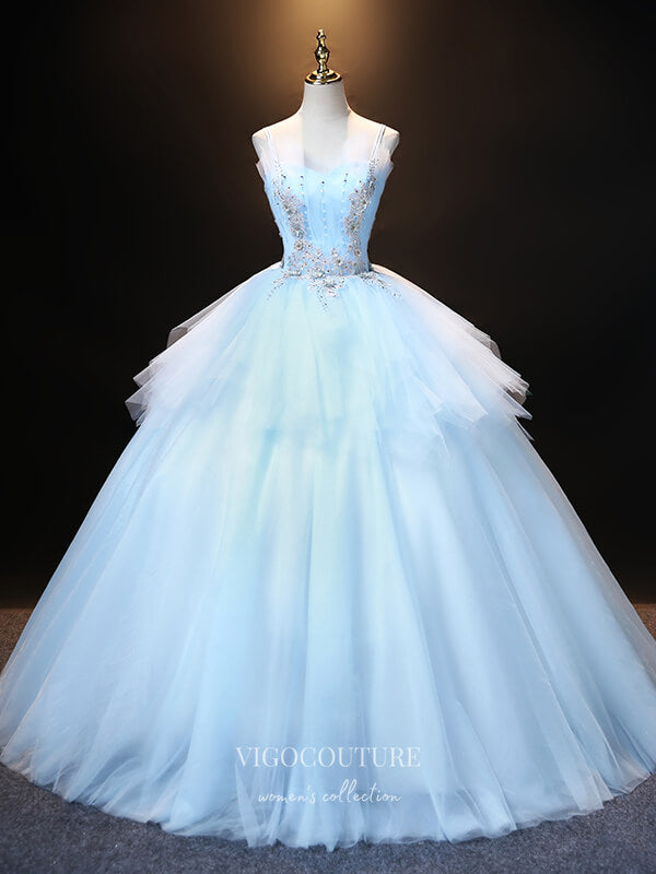 vigocouture-Light Blue Lace Applique Quinceanera Dresses Spaghetti Strap Sweet 16 Dresses 21403-Prom Dresses-vigocouture-Light Blue-Custom Size-