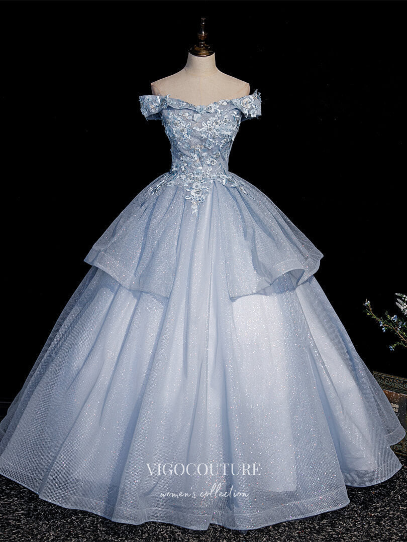 vigocouture-Light Blue Lace Applique Quinceanera Dresses Sparkly Tulle Princess Dresses 21415-Prom Dresses-vigocouture-