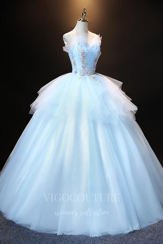vigocouture-Light Blue Lace Applique Quinceañera Dresses Tiered Ball Gown 20485-Prom Dresses-vigocouture-Light Blue-Custom Size-