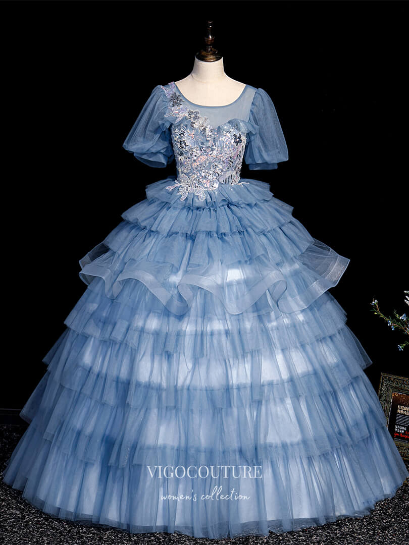 vigocouture-Light Blue Lace Applique Quinceanera Dresses Tiered Princess Dresses 21412-Prom Dresses-vigocouture-