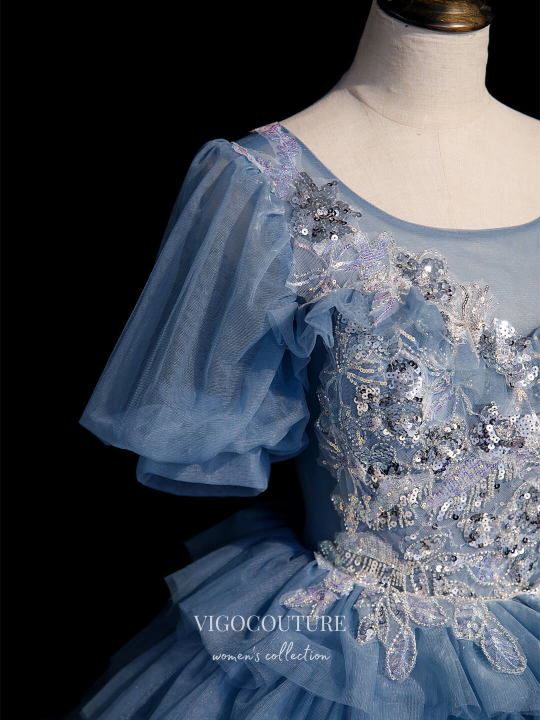 vigocouture-Light Blue Lace Applique Quinceanera Dresses Tiered Princess Dresses 21412-Prom Dresses-vigocouture-