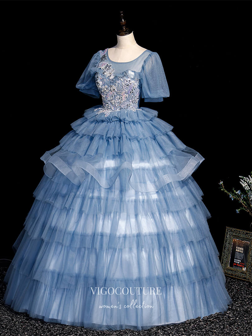 vigocouture-Light Blue Lace Applique Quinceanera Dresses Tiered Princess Dresses 21412-Prom Dresses-vigocouture-Light Blue-Custom Size-
