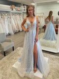Light Blue Lace Applique Wedding Dresses With Slit Plunging V-Neck Bridal Gown W0095