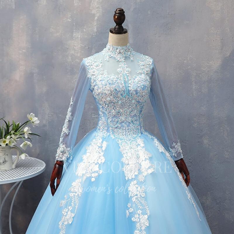 vigocouture-Light Blue Long Sleeve Quinceanera Dresses Lace Applique Ball Gown 20414-Prom Dresses-vigocouture-