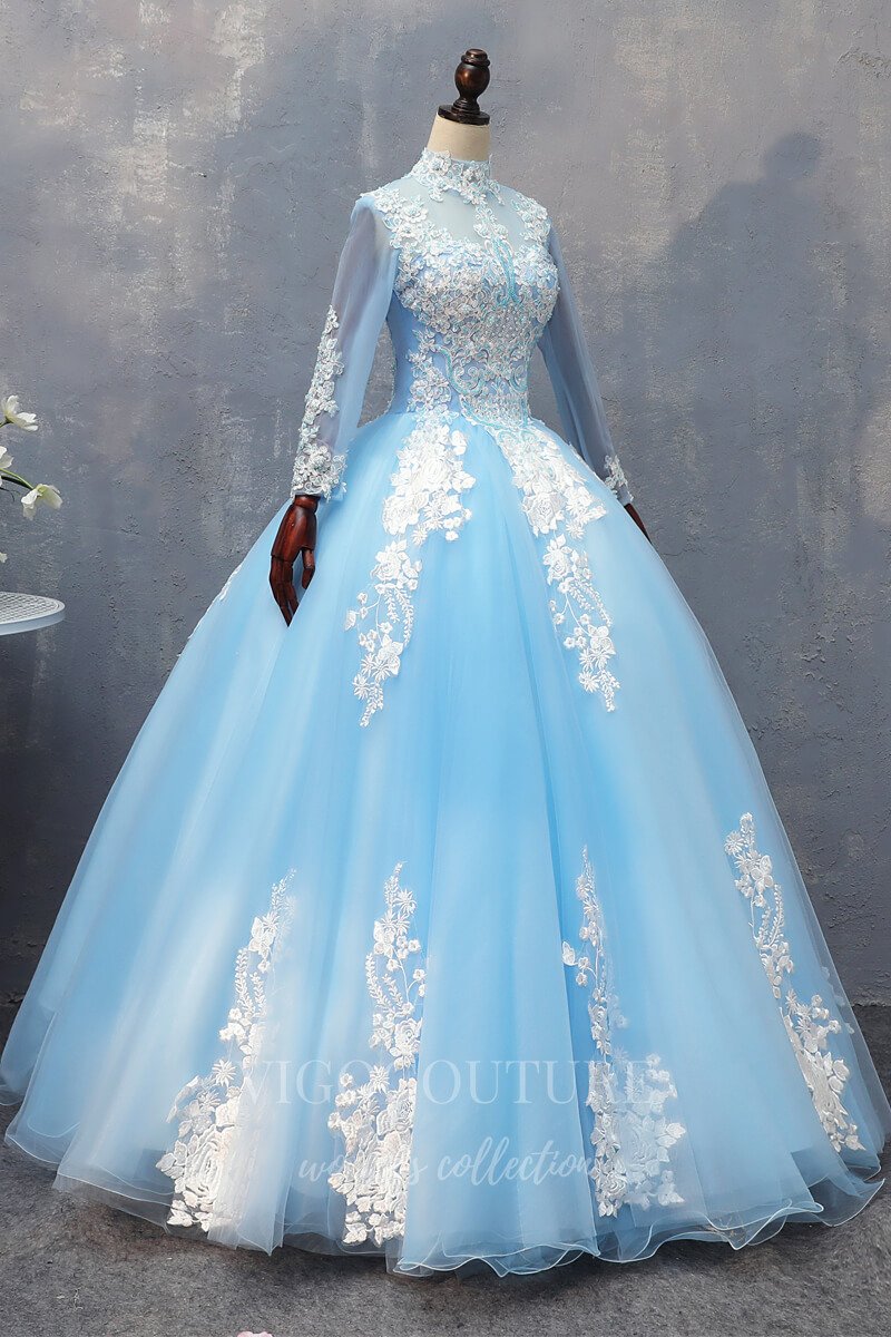 vigocouture-Light Blue Long Sleeve Quinceanera Dresses Lace Applique Ball Gown 20414-Prom Dresses-vigocouture-Light Blue-Custom Size-