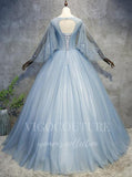 vigocouture-Light Blue Long Sleeve Quinceañera Dresses Lace Applique Ball Gown 20450-Prom Dresses-vigocouture-