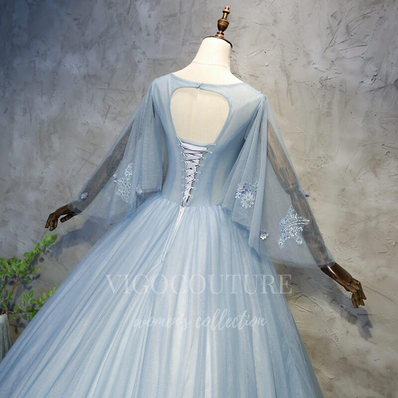 vigocouture-Light Blue Long Sleeve Quinceañera Dresses Lace Applique Ball Gown 20450-Prom Dresses-vigocouture-