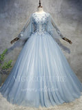 vigocouture-Light Blue Long Sleeve Quinceañera Dresses Lace Applique Ball Gown 20450-Prom Dresses-vigocouture-Light Blue-Custom Size-