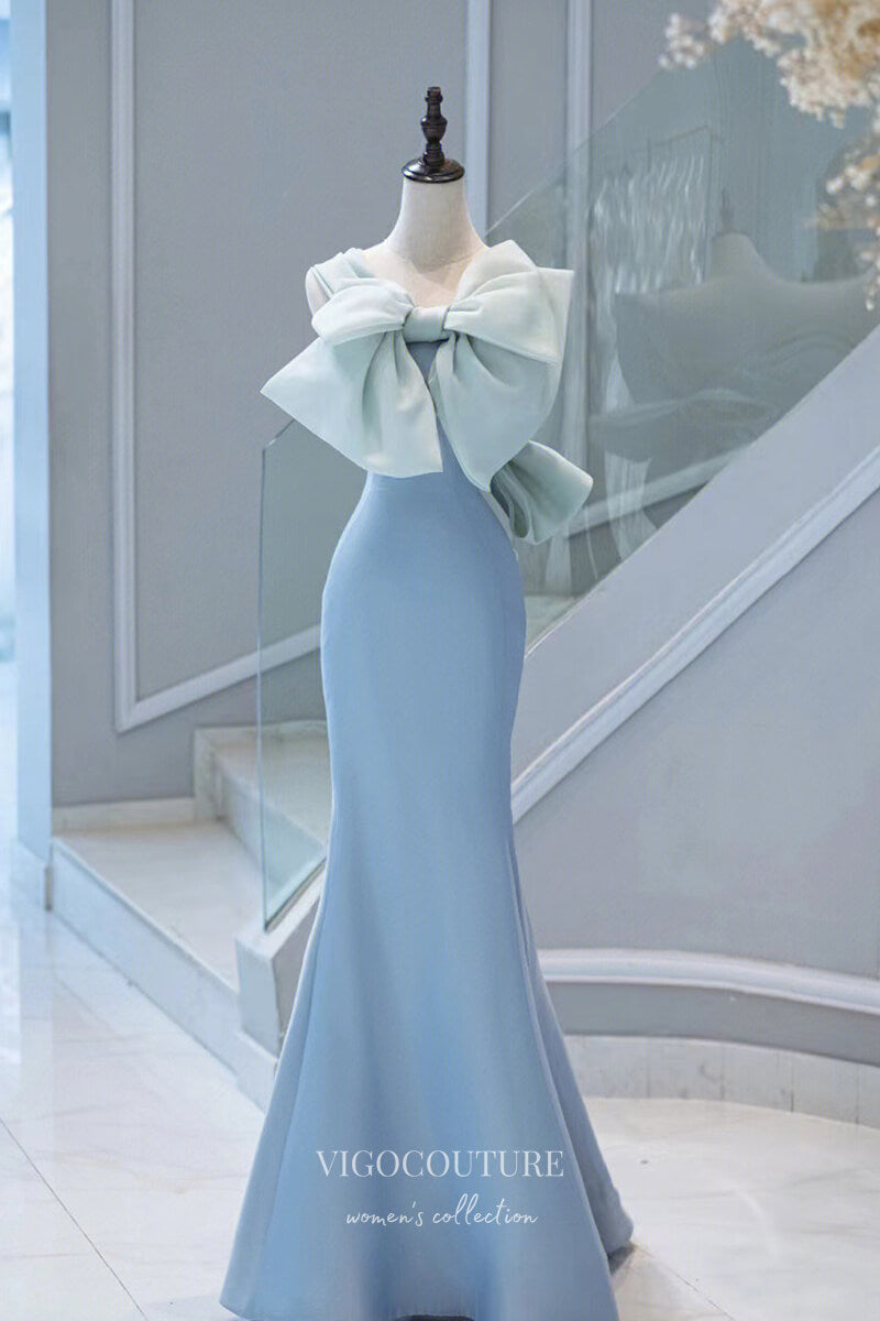 Light Blue Mermaid Satin Prom Dress with Bow-Tie and Rosette 22277-Prom Dresses-vigocouture-Light Blue-Custom Size-vigocouture