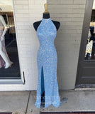 Light Blue Mermaid Sequin Prom Dresses with Slit Halter Neck Evening Dress 21954