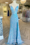 Light Blue Mermaid Sequin Prom Dresses with Slit Sweetheart Neck Evening Dress 21957