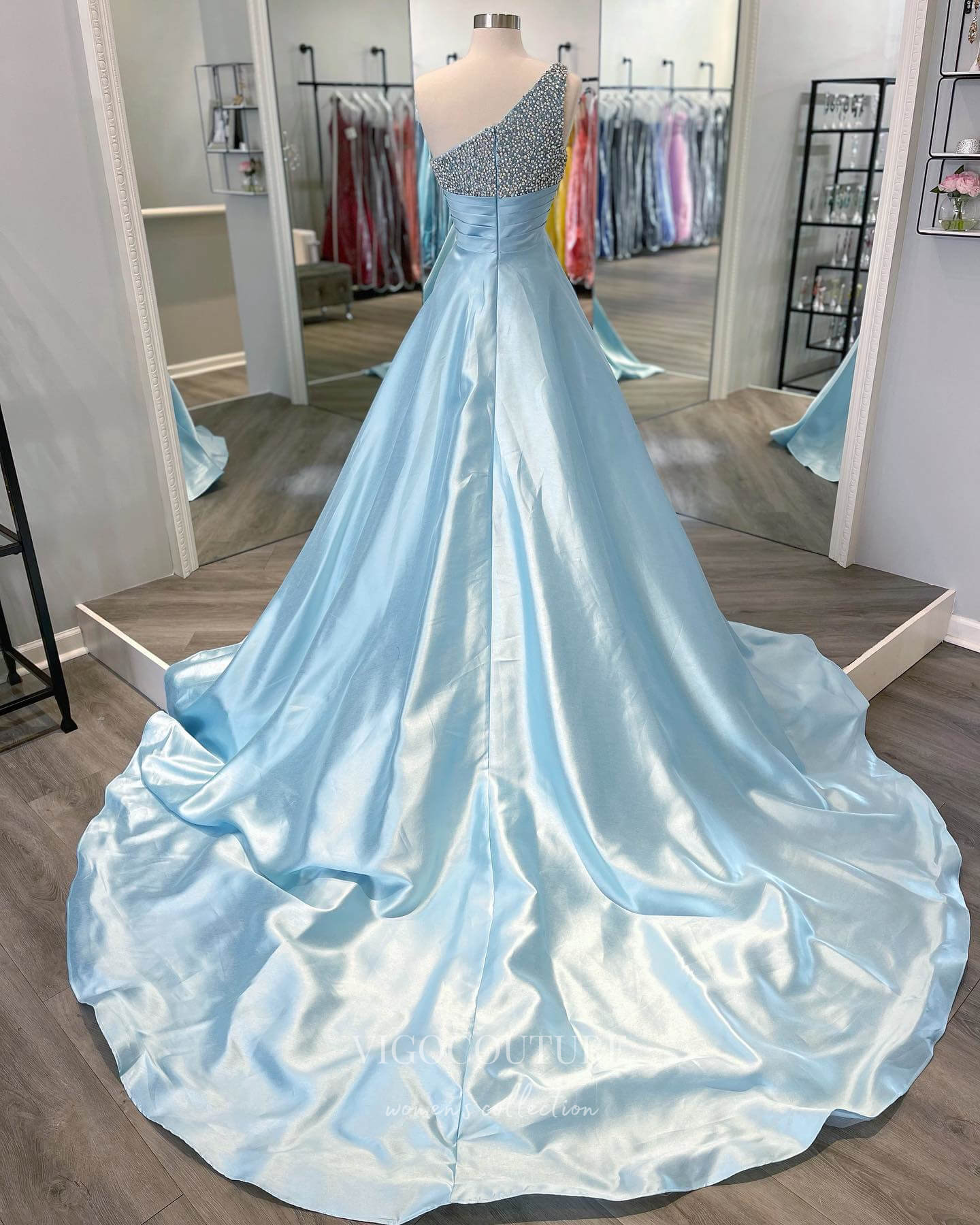 vigocouture-Light Blue One Shoulder Prom Dresses Beaded Satin Evening Dress 21696-Prom Dresses-vigocouture-