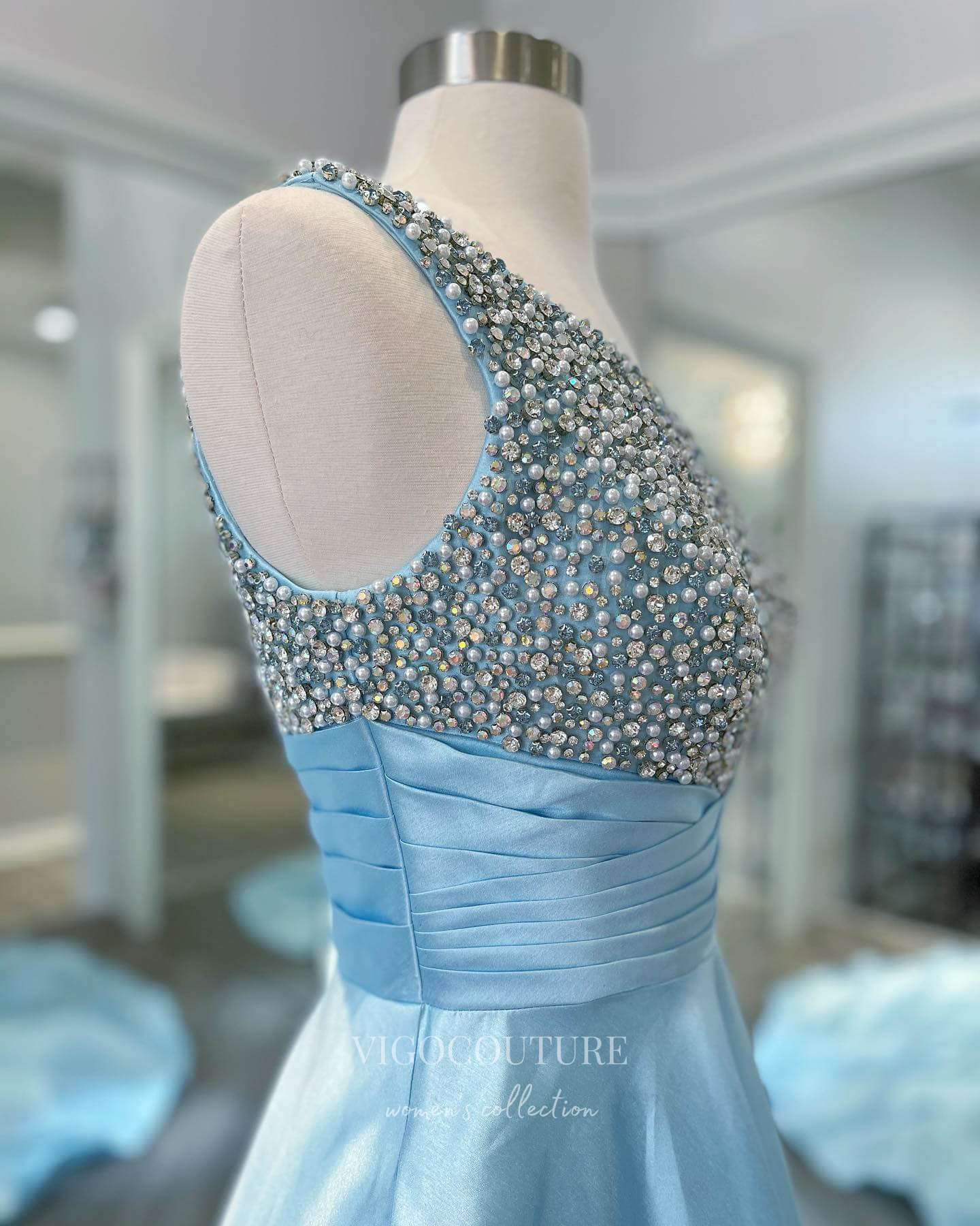 vigocouture-Light Blue One Shoulder Prom Dresses Beaded Satin Evening Dress 21696-Prom Dresses-vigocouture-