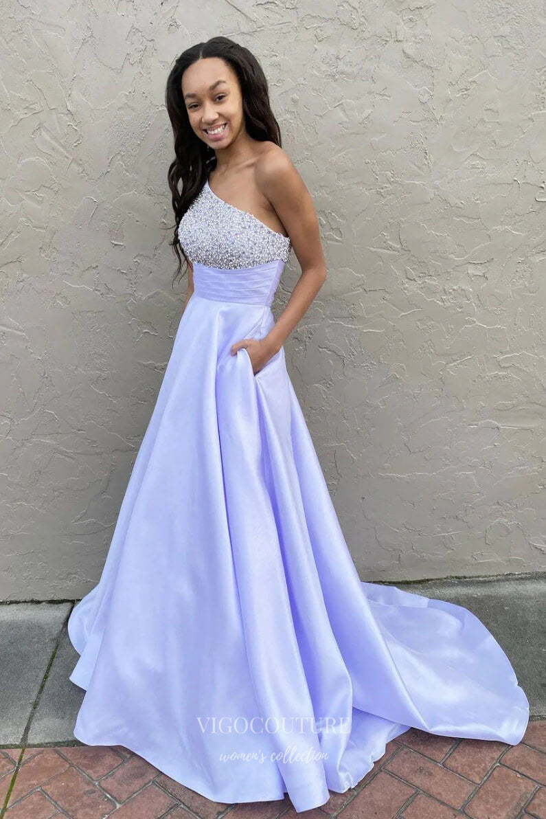 Light Blue One Shoulder Prom Dresses Beaded Satin Evening Dress 21696-Prom Dresses-vigocouture-Lavender-US2-vigocouture