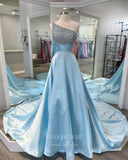 vigocouture-Light Blue One Shoulder Prom Dresses Beaded Satin Evening Dress 21696-Prom Dresses-vigocouture-Light Blue-US2-