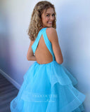vigocouture-Light Blue One Shoulder Prom Dresses Pleated Tiered Evening Dress 21806-Prom Dresses-vigocouture-
