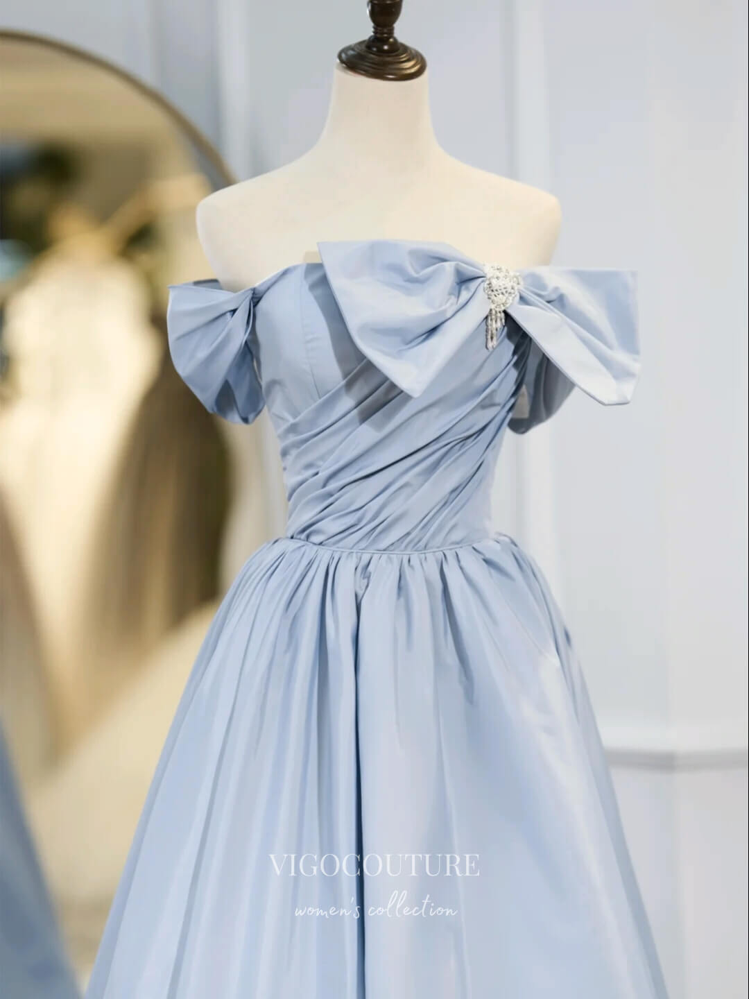 vigocouture-Light Blue Pleated Satin Prom Dresses Bow-Tie Formal Dresses 21183-Prom Dresses-vigocouture-