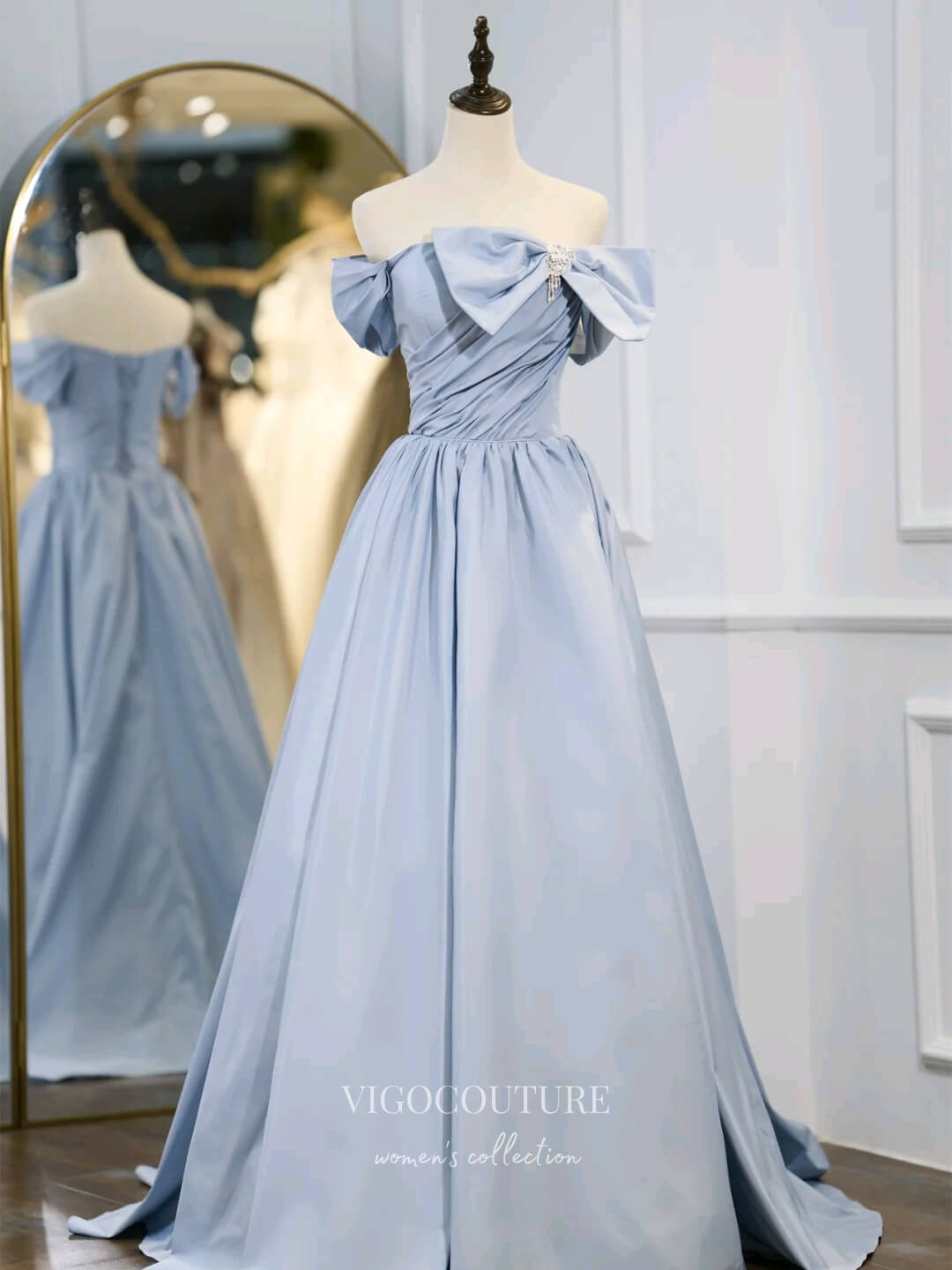 vigocouture-Light Blue Pleated Satin Prom Dresses Bow-Tie Formal Dresses 21183-Prom Dresses-vigocouture-Light Blue-Custom Size-