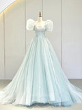 vigocouture-Light Blue Puffed Sleeve Prom Dresses Sparkly Cinderella Dresses 21011-Prom Dresses-vigocouture-Light Blue-Custom Size-