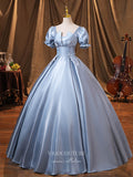 vigocouture-Light Blue Puffed Sleeve Quinceanera Dresses Satin Formal Dresses 21367-Prom Dresses-vigocouture-
