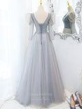 vigocouture-Light Blue Puffed Sleeve Sparkly Tulle Prom Dress 20890-Prom Dresses-vigocouture-