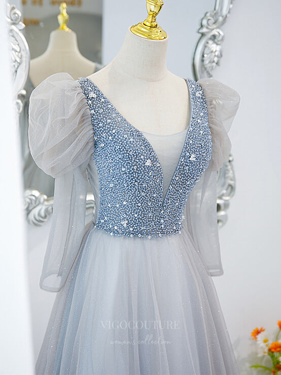 vigocouture-Light Blue Puffed Sleeve Sparkly Tulle Prom Dress 20890-Prom Dresses-vigocouture-