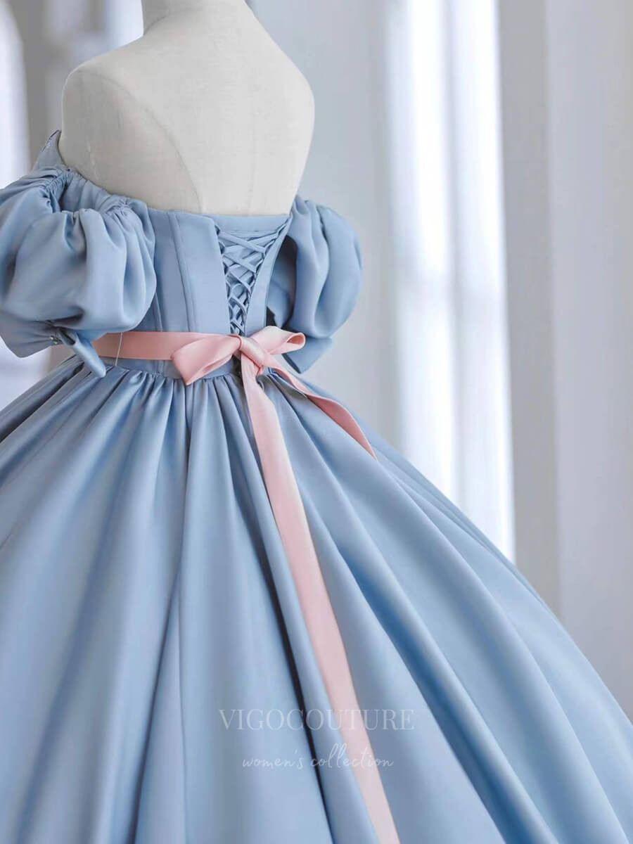 vigocouture-Light Blue Quinceanera Dresses Puffed Sleeve Sweet 16 Dresses 21002-Prom Dresses-vigocouture-