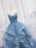 vigocouture-Light Blue Ruffle Tiered Prom Dresses Spaghetti Strap Sparkly Tulle Evening Dress 21789-Prom Dresses-vigocouture-
