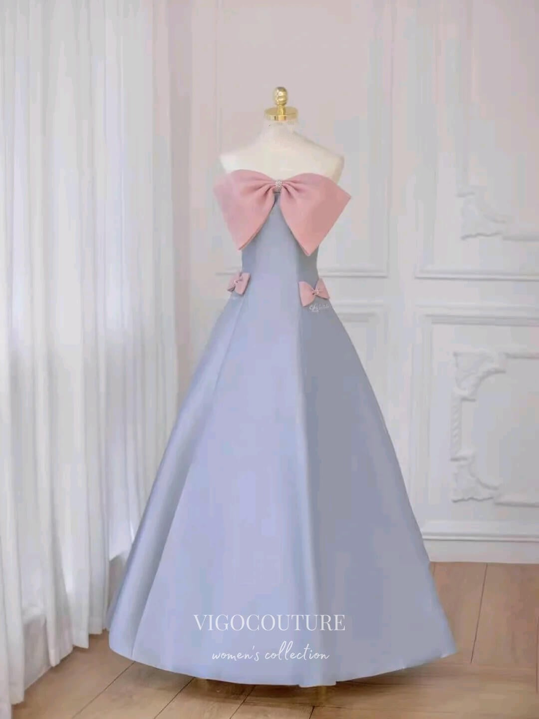 vigocouture-Light Blue Satin Bow-Tie Prom Dresses Strapless Formal Dresses 21152-Prom Dresses-vigocouture-Light Blue-Custom Size-