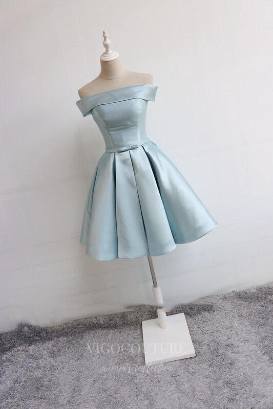 vigocouture-Light Blue Satin Homecoming Dress Off the Shoulder Hoco Dress hc073-Prom Dresses-vigocouture-