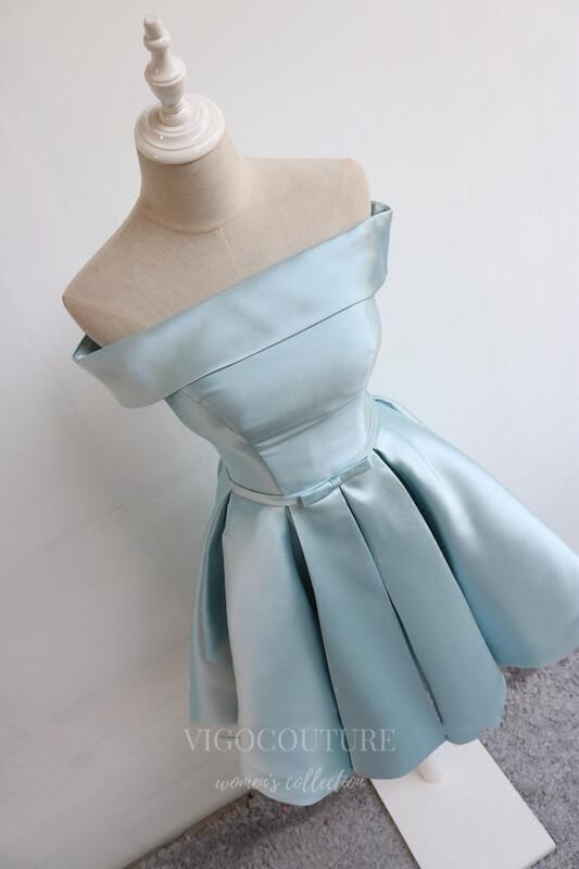 vigocouture-Light Blue Satin Homecoming Dress Off the Shoulder Hoco Dress hc073-Prom Dresses-vigocouture-