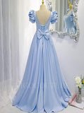 vigocouture-Light Blue Satin Prom Dresses Puffed Sleeve Formal Dresses 20370-Prom Dresses-vigocouture-