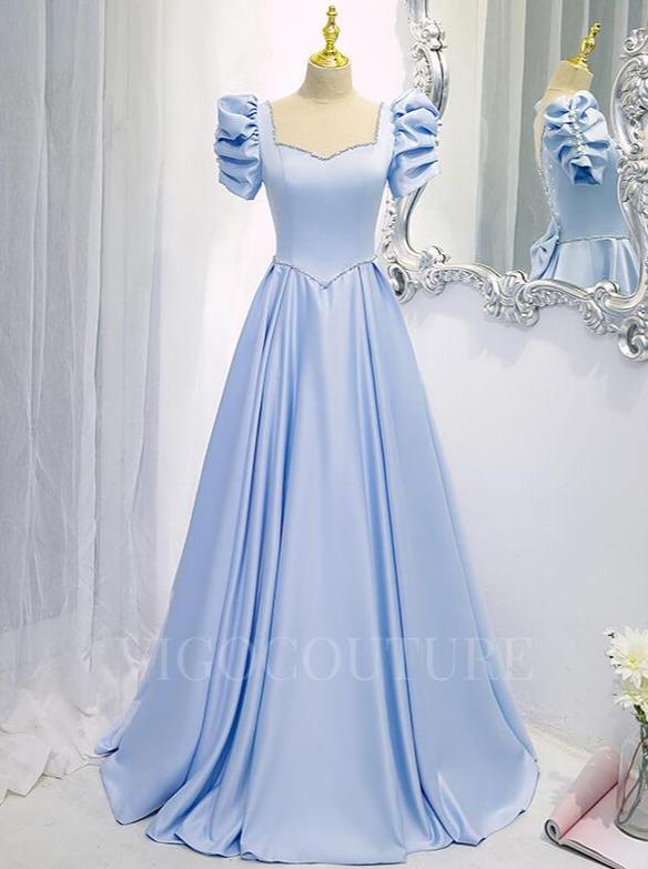 vigocouture-Light Blue Satin Prom Dresses Puffed Sleeve Formal Dresses 20370-Prom Dresses-vigocouture-Light Blue-US2-