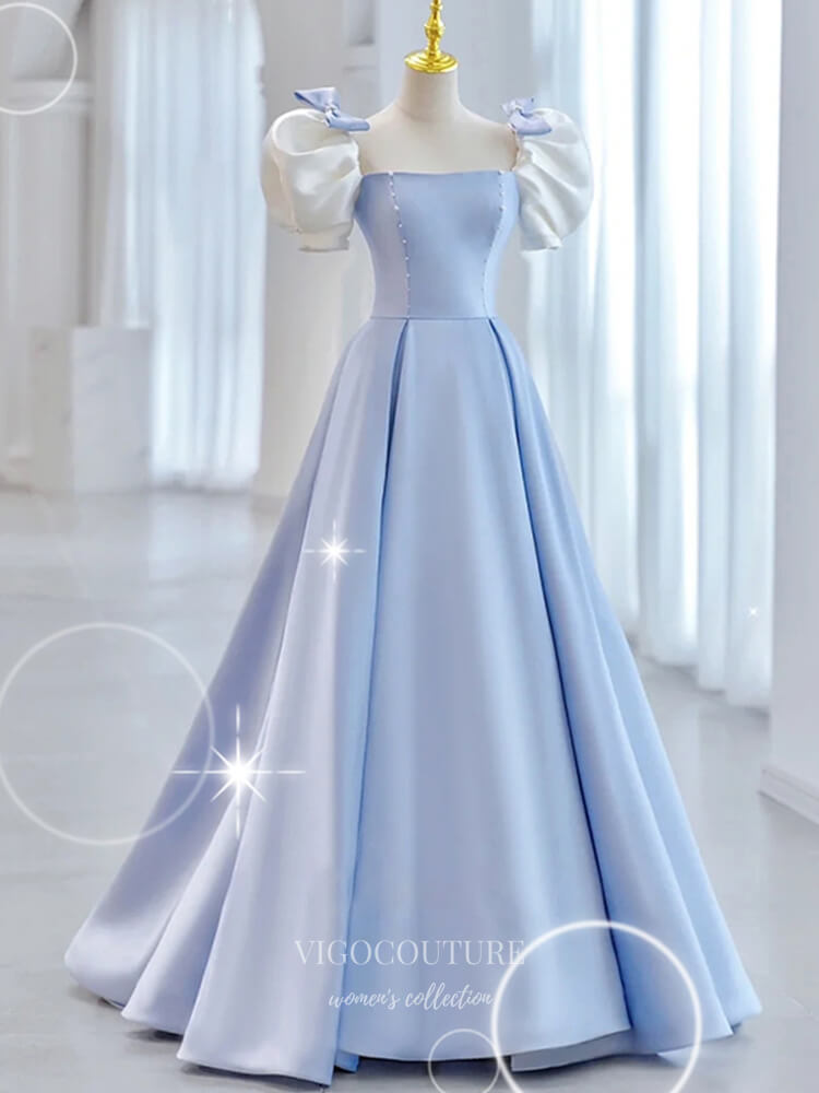Light Blue Satin Prom Dresses Puffed Sleeve Formal Gown 21903-Prom Dresses-vigocouture-Light Blue-US2-vigocouture