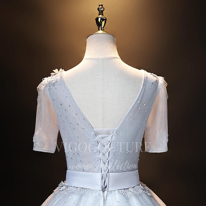 vigocouture-Light Blue Short Sleeve Quinceañera Dresses Lace Applique Ball Gown 20490-Prom Dresses-vigocouture-