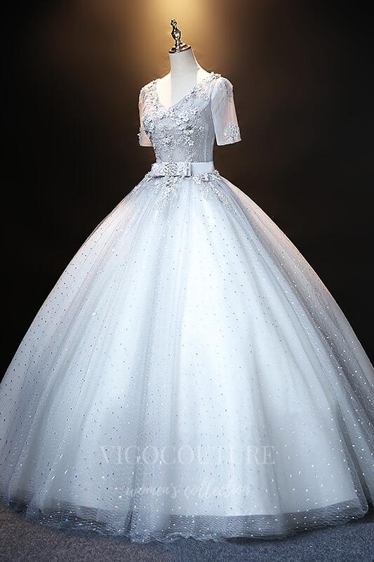 vigocouture-Light Blue Short Sleeve Quinceañera Dresses Lace Applique Ball Gown 20490-Prom Dresses-vigocouture-Light Blue-Custom Size-