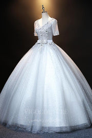 Light Blue Short Sleeve Quinceañera Dresses Lace Applique Ball Gown 20490
