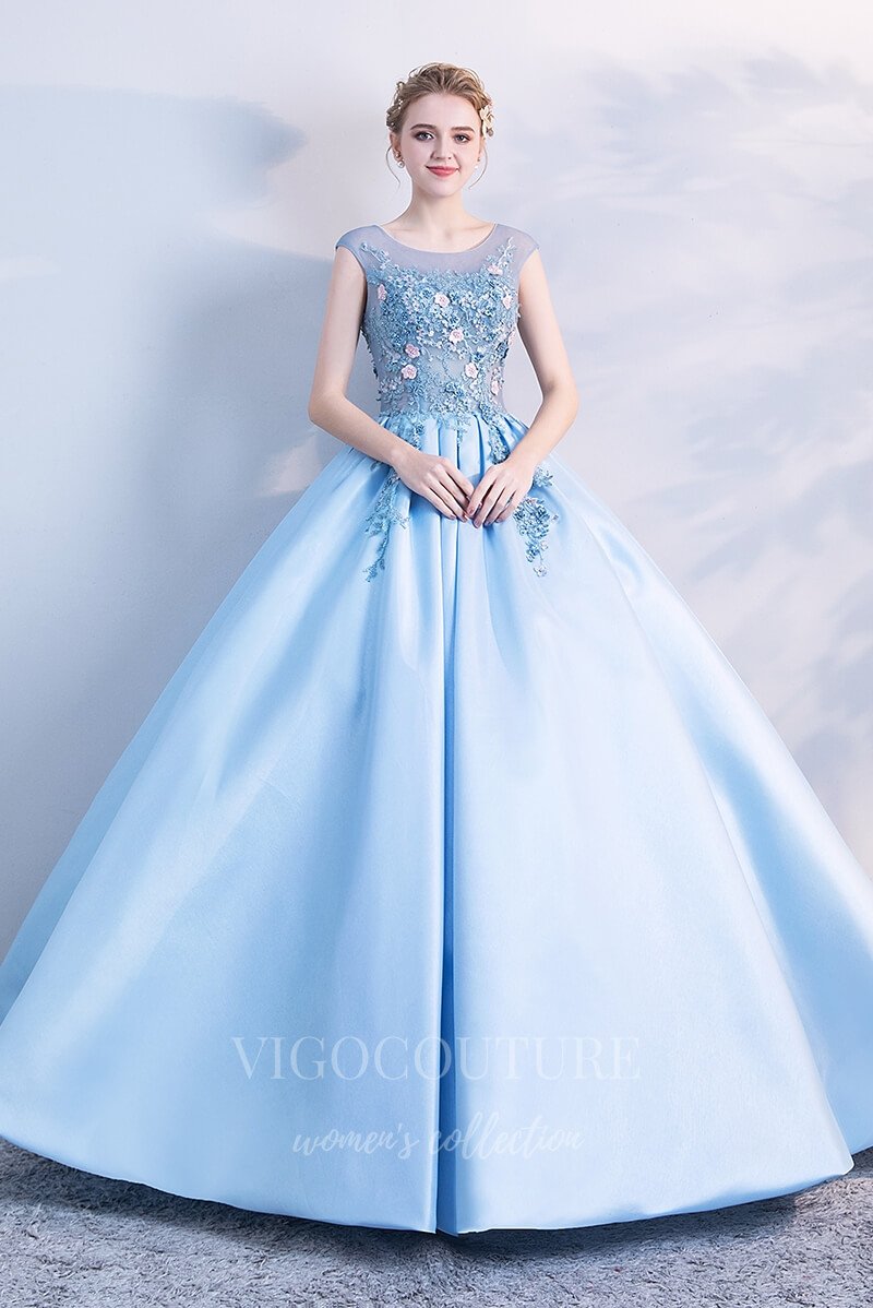 vigocouture-Light Blue Sleeveless Quinceañera Dresses Lace Applique Ball Gown 20428-Prom Dresses-vigocouture-