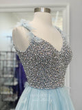 vigocouture-Light Blue Spaghetti Strap Prom Dresses Beaded 3D Flower Evening Dress 21702-Prom Dresses-vigocouture-