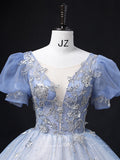 vigocouture-Light Blue Sparkly Tulle Prom Dresses Puffed Sleeve Princess Dresses 21355-Prom Dresses-vigocouture-