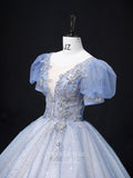 vigocouture-Light Blue Sparkly Tulle Prom Dresses Puffed Sleeve Princess Dresses 21355-Prom Dresses-vigocouture-
