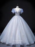 vigocouture-Light Blue Sparkly Tulle Prom Dresses Puffed Sleeve Princess Dresses 21355-Prom Dresses-vigocouture-Light Blue-US2-